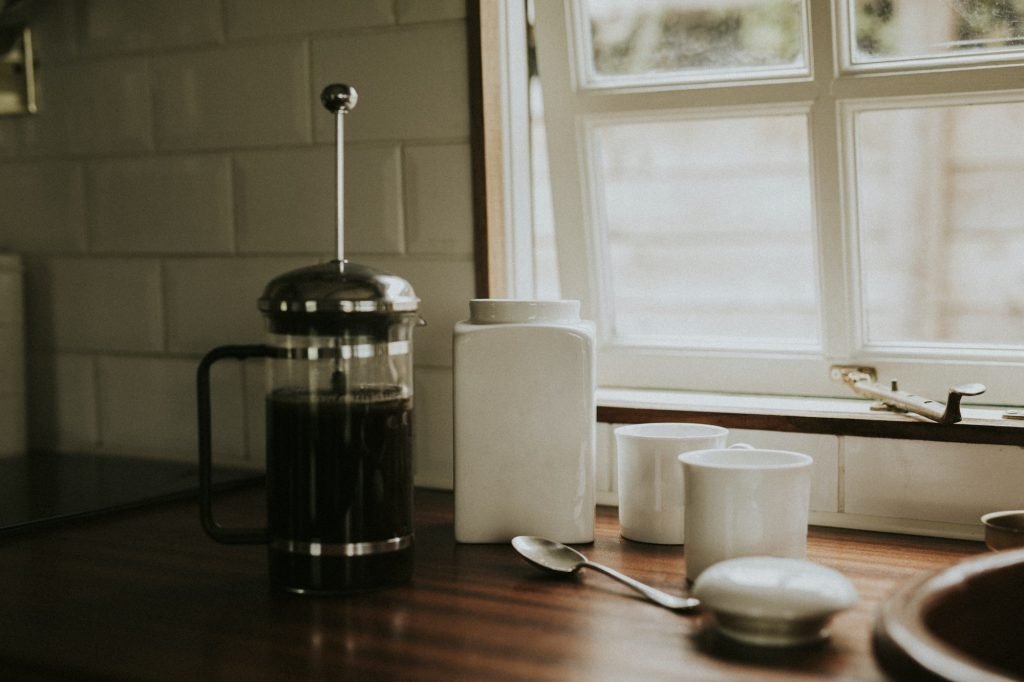 French press coffee for breakfast in the kitchen