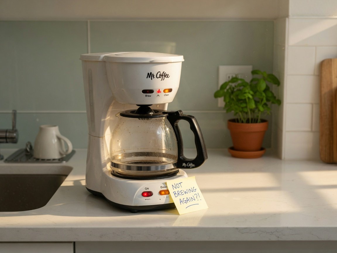 Mr Coffee drip coffee maker on a kitchen counter with an empty carafe and no coffee brewing