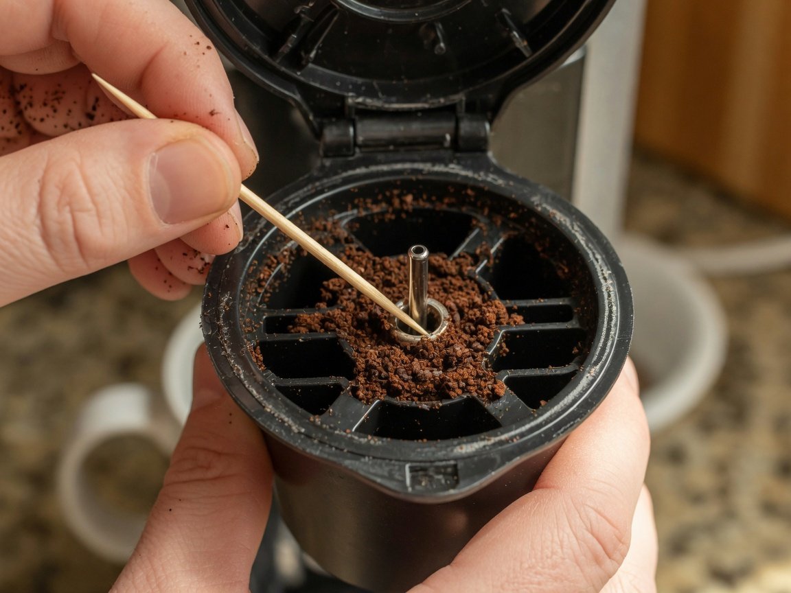 Close-up of hands using a toothpick to clean a clogged brew needle inside a single-serve coffee maker