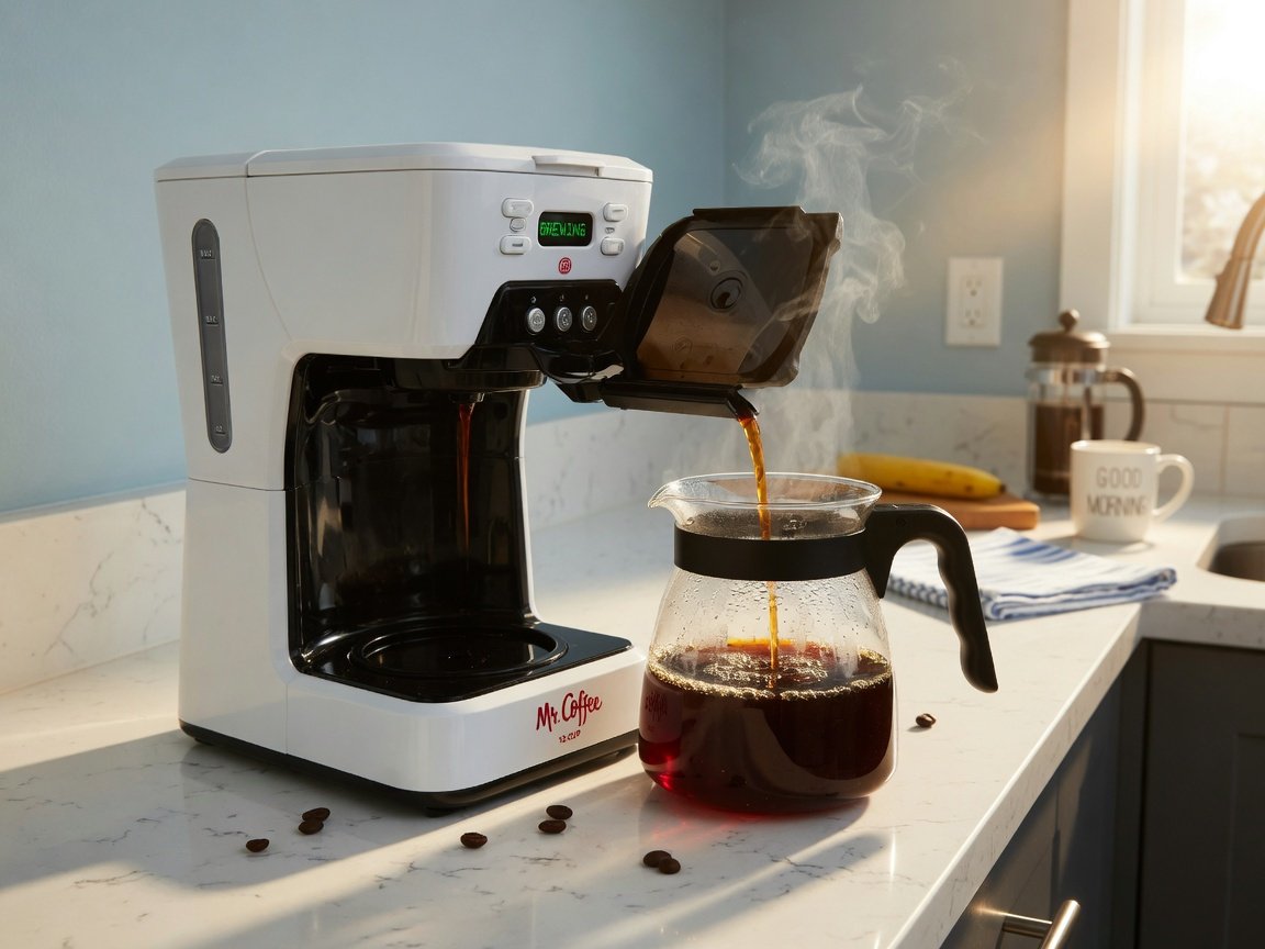 Clean well-maintained Mr Coffee drip machine actively brewing fresh hot coffee into a glass carafe on a bright kitchen counter
