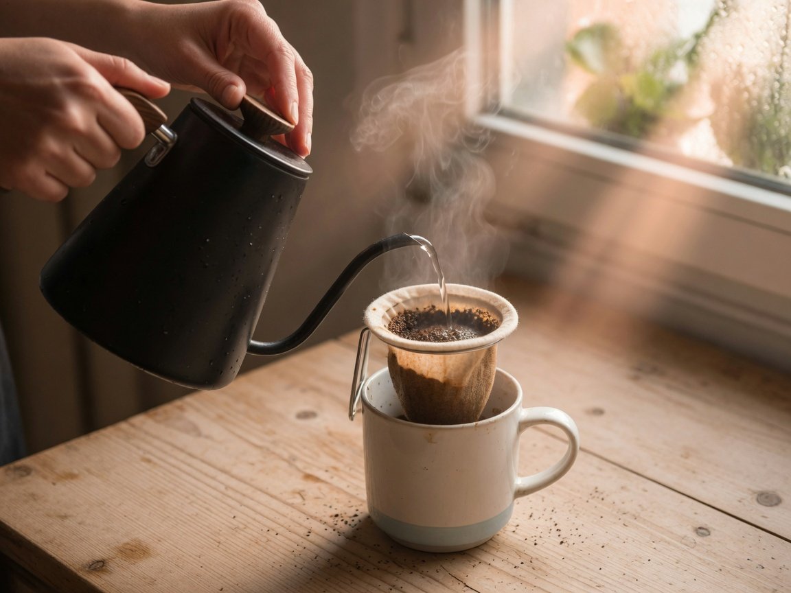 Hands pouring hot water over coffee grounds in a cloth filter set over a white ceramic mug, brewing coffee without a machine