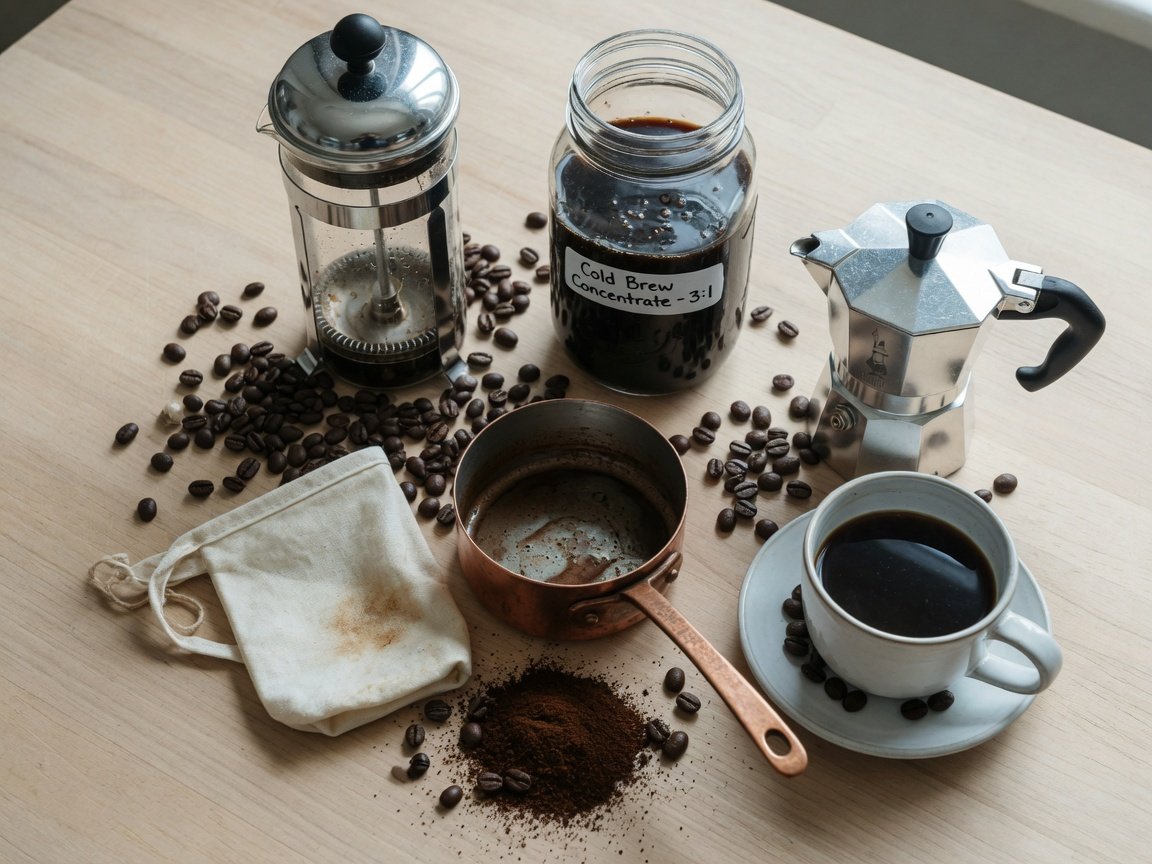 Overhead flat lay of seven machine-free coffee brewing setups including a French press, mason jar cold brew, Turkish coffee saucepan, and stovetop Moka pot on a wooden counter