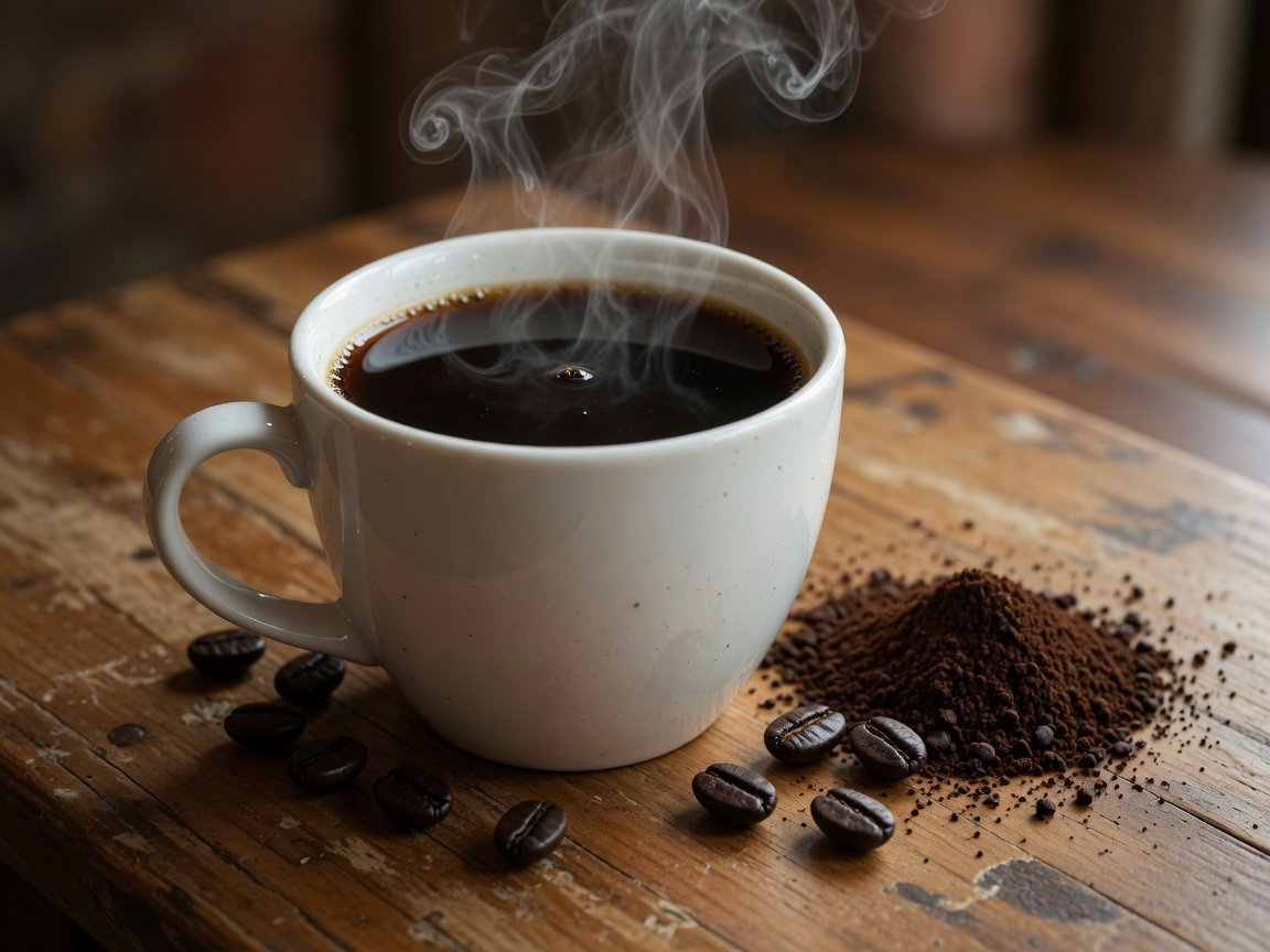 Close-up of a white ceramic mug filled with rich dark hand-brewed black coffee with steam rising, surrounded by scattered coffee beans on a wooden surface