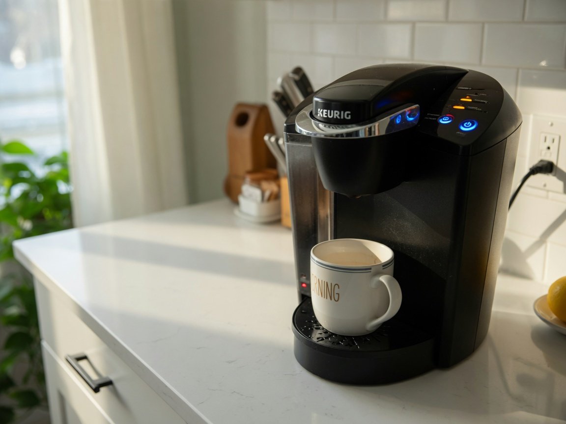 Keurig coffee maker on kitchen counter with brew button pressed but no coffee dispensing into mug