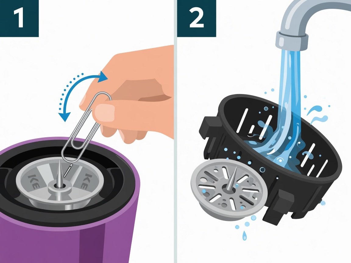 Step-by-step Keurig needle cleaning using a paper clip to clear coffee ground blockage