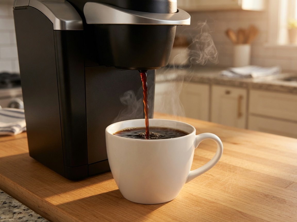 Keurig coffee maker successfully brewing a rich stream of hot coffee into a white ceramic mug