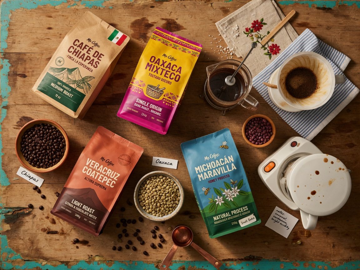 Flat-lay overhead shot of four different Mexican coffee bags arranged on a worn wooden surface alongside a French