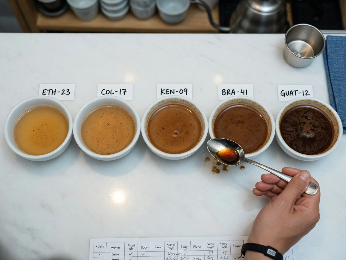 Close-up professional coffee cupping setup — a row of five small white ceramic cupping bowls containing different brews