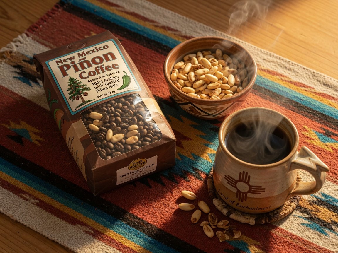 A bag of New Mexico Piñon Coffee with a small bowl of toasted piñon nuts beside a steaming mug on a Southwestern-style
