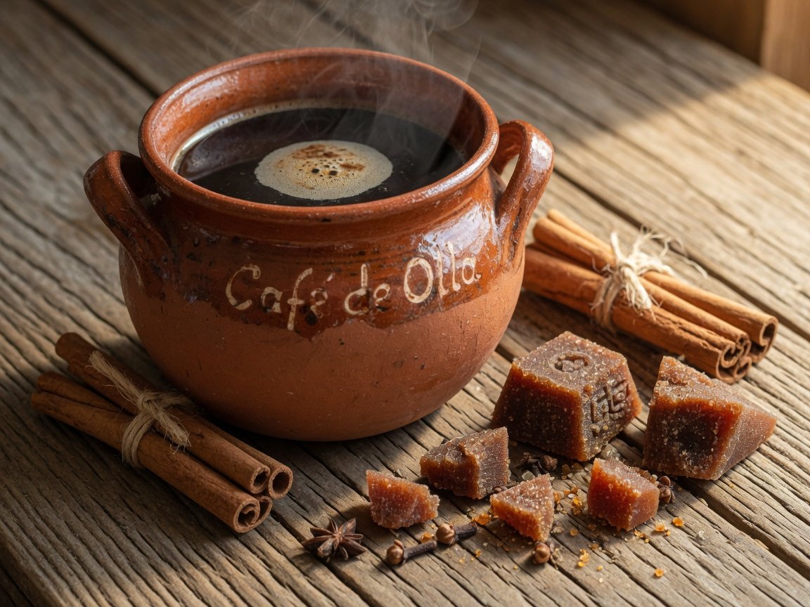 Traditional Mexican clay olla pot with brewed café de olla, cinnamon sticks and raw piloncillo sugar on a rustic wooden