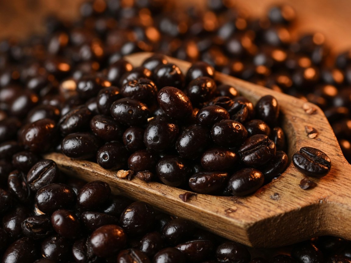 Close-up macro shot of dark glossy Mexican peaberry coffee beans heaped in a wooden scoop, shallow depth of field, warm