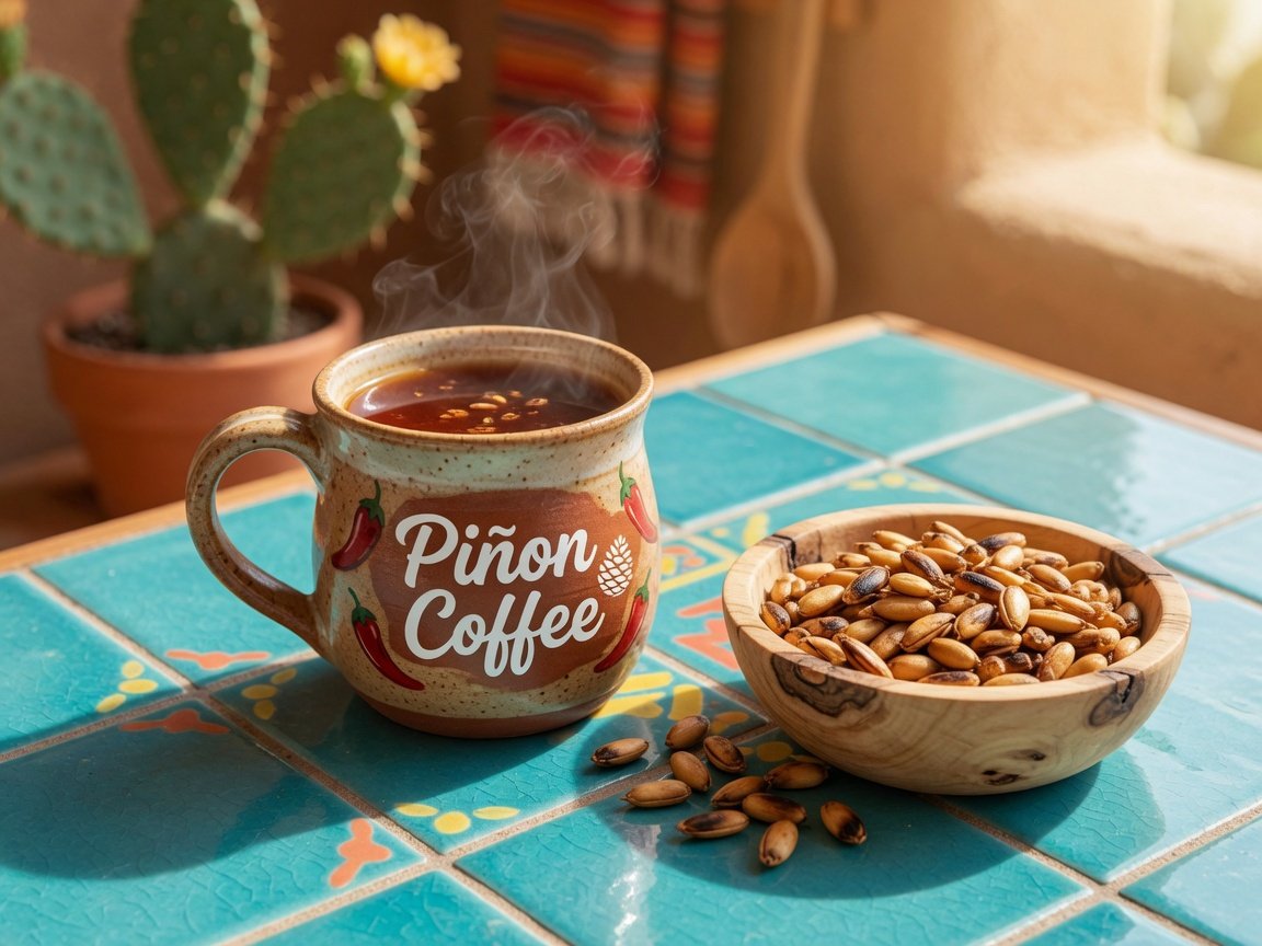 A warm ceramic mug of piñon-flavored coffee beside a small wooden bowl of toasted piñon nuts, set on a turquoise tile