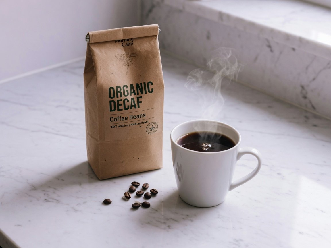 A kraft bag of organic decaf coffee beans beside a steaming white ceramic mug on a clean white marble kitchen surface