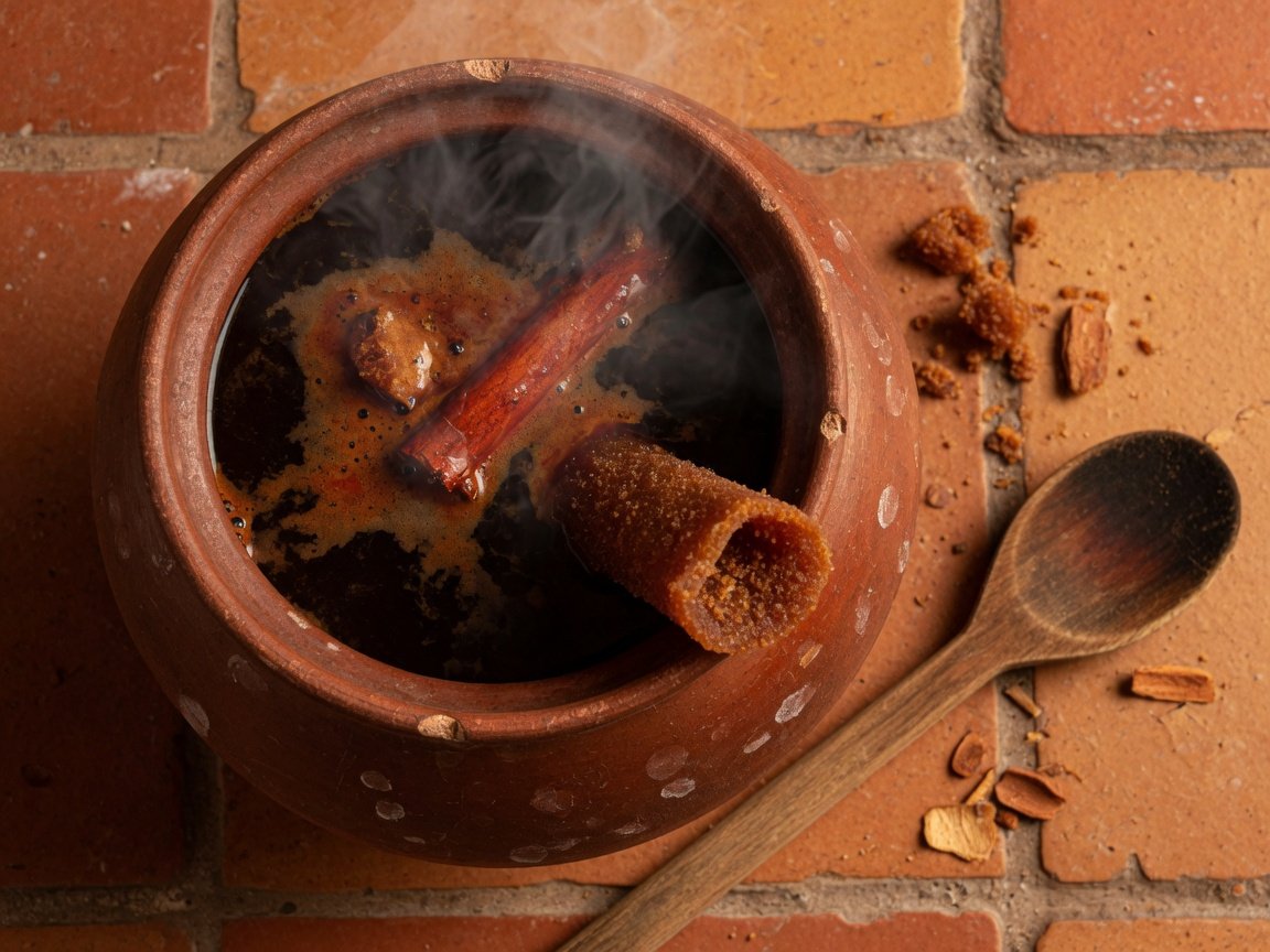 Overhead close-up of a traditional earthenware olla pot with dark café de olla brewing, steam rising over cinnamon