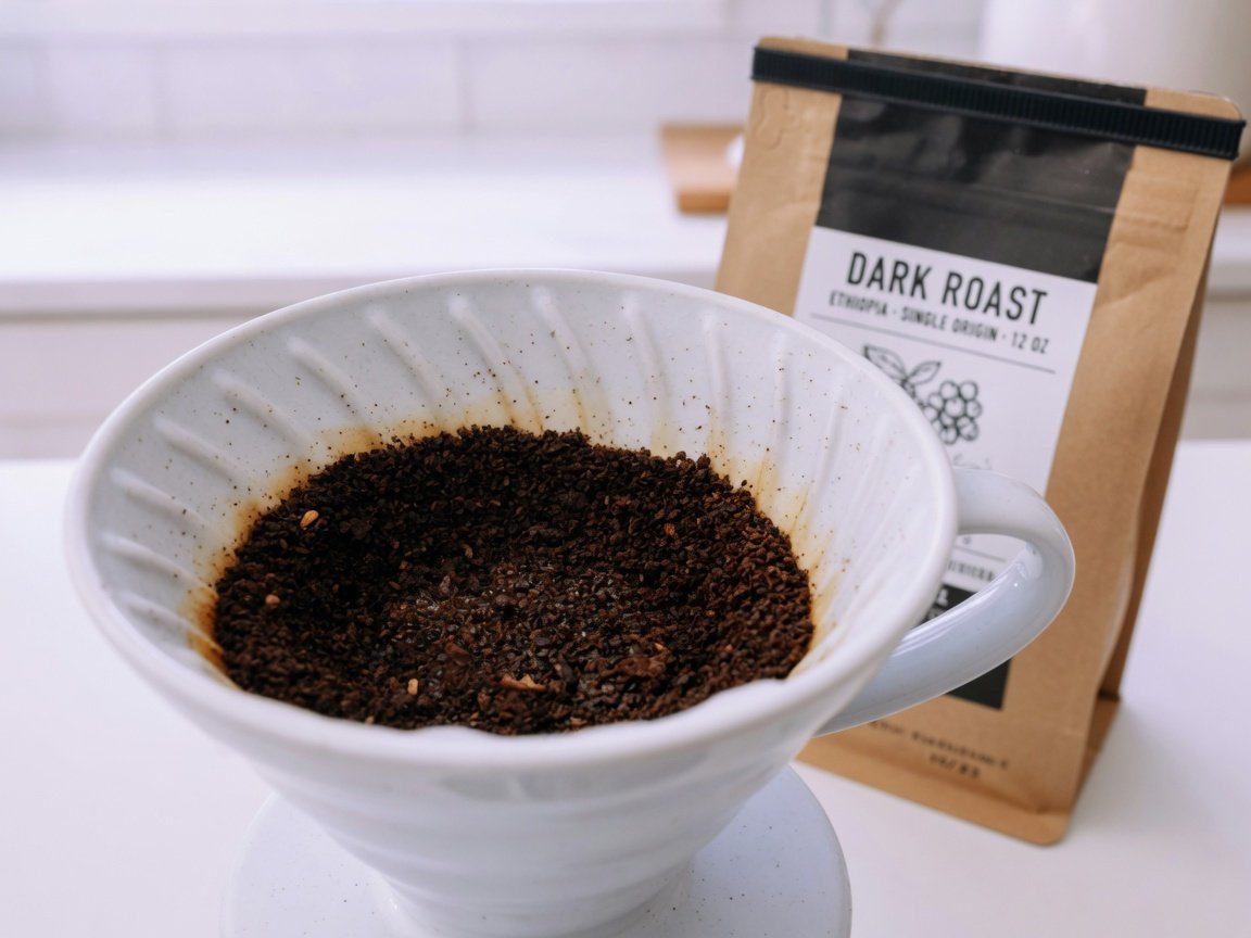 Close-up editorial photo of dark roast ground coffee in a white ceramic pour-over dripper, a resealable kraft coffee
