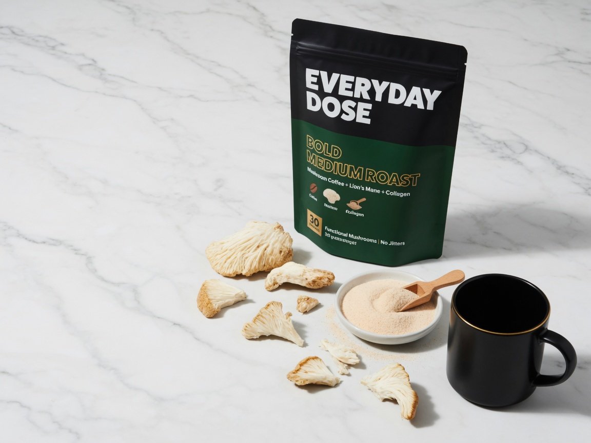 Everyday Dose Bold Medium Roast mushroom coffee packaging standing upright on a clean white marble countertop with
