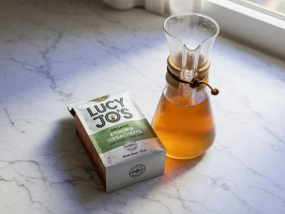 Lucy Jo's organic coffee bag propped against a glass pour-over carafe filled with golden-brown freshly brewed coffee on