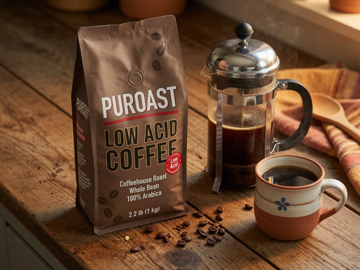 Large Puroast Low Acid Coffee 2.2 lb bag standing upright on a rustic wooden kitchen surface beside a French press and