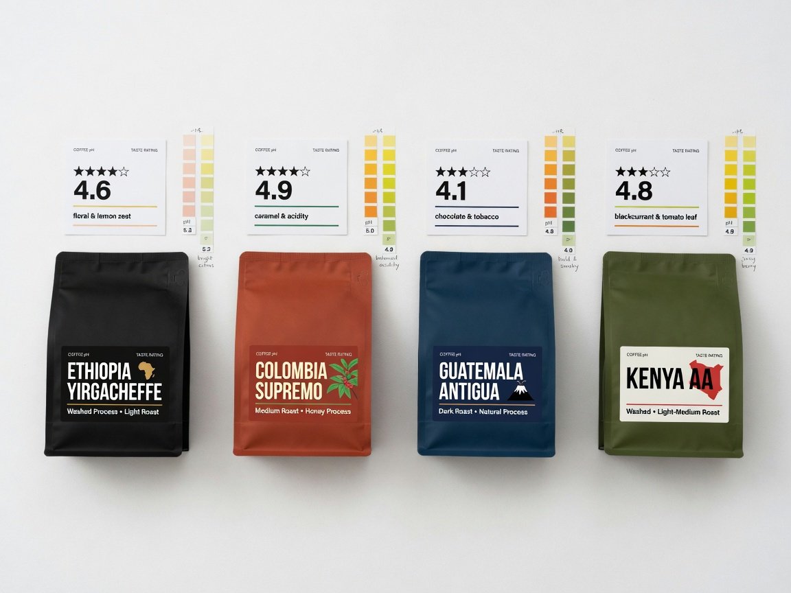 Clean infographic-style flat lay showing four different coffee bags arranged in a row on a white background with pH