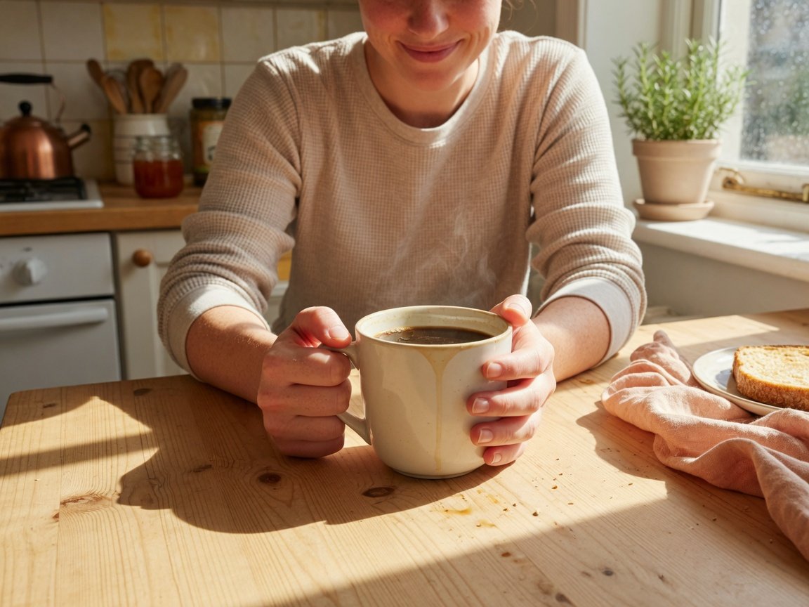 Person wrapping both hands around a warm white ceramic mug of dark coffee at a sunlit wooden kitchen table, looking