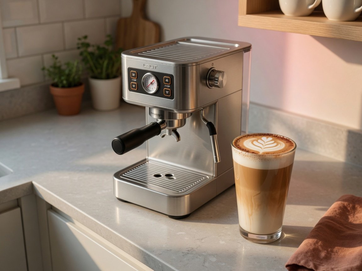 Compact silver espresso machine on a modern kitchen counter beside a glass latte with delicate microfoam art, warm