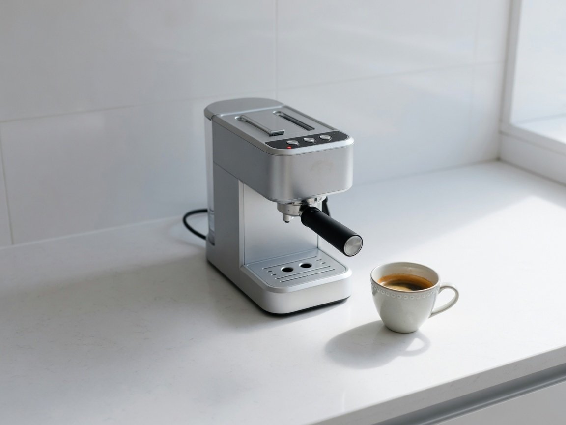 Matte silver compact espresso machine on a minimalist white kitchen countertop beside a small ceramic cup, clean modern