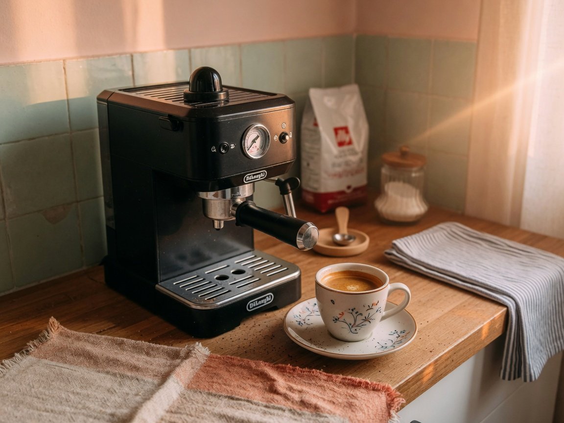Small black De'Longhi espresso machine on a cosy kitchen counter beside a small ceramic espresso cup and saucer, warm
