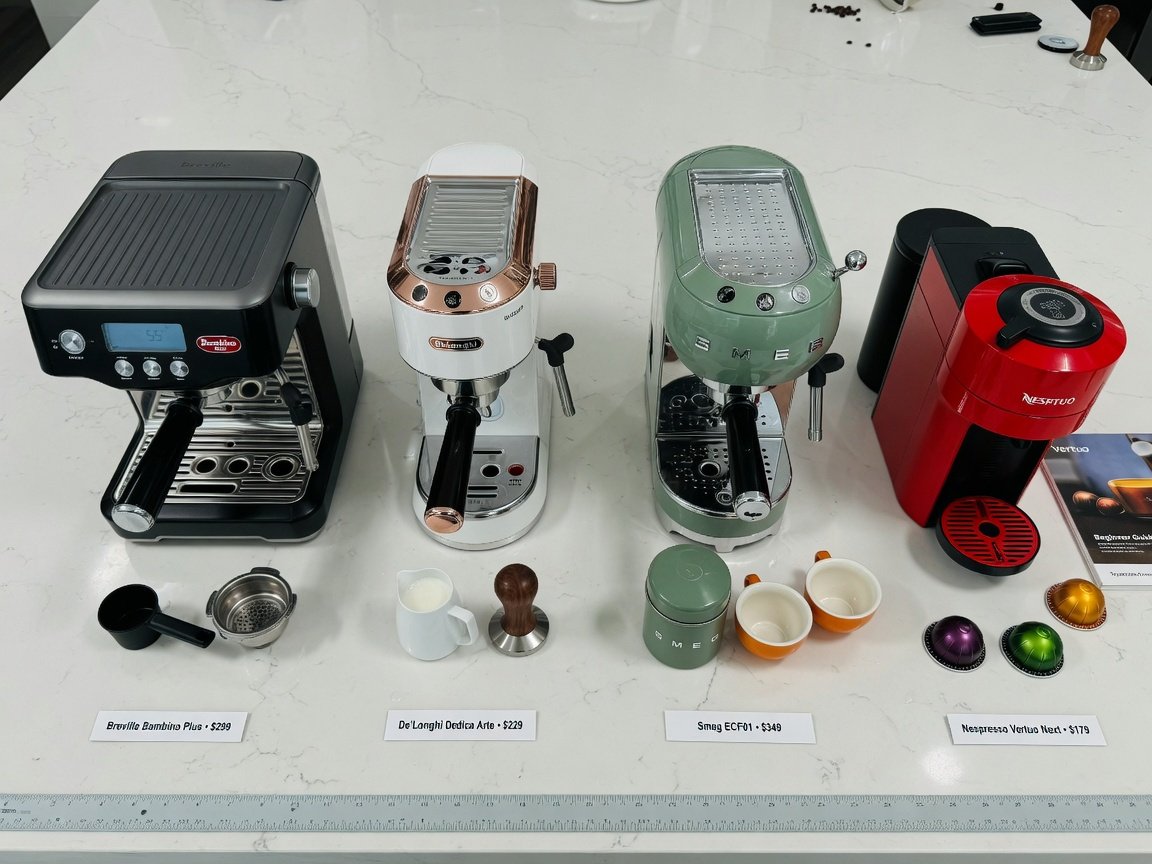 Four compact beginner espresso machines lined up side by side on a clean white kitchen counter, flat lay product